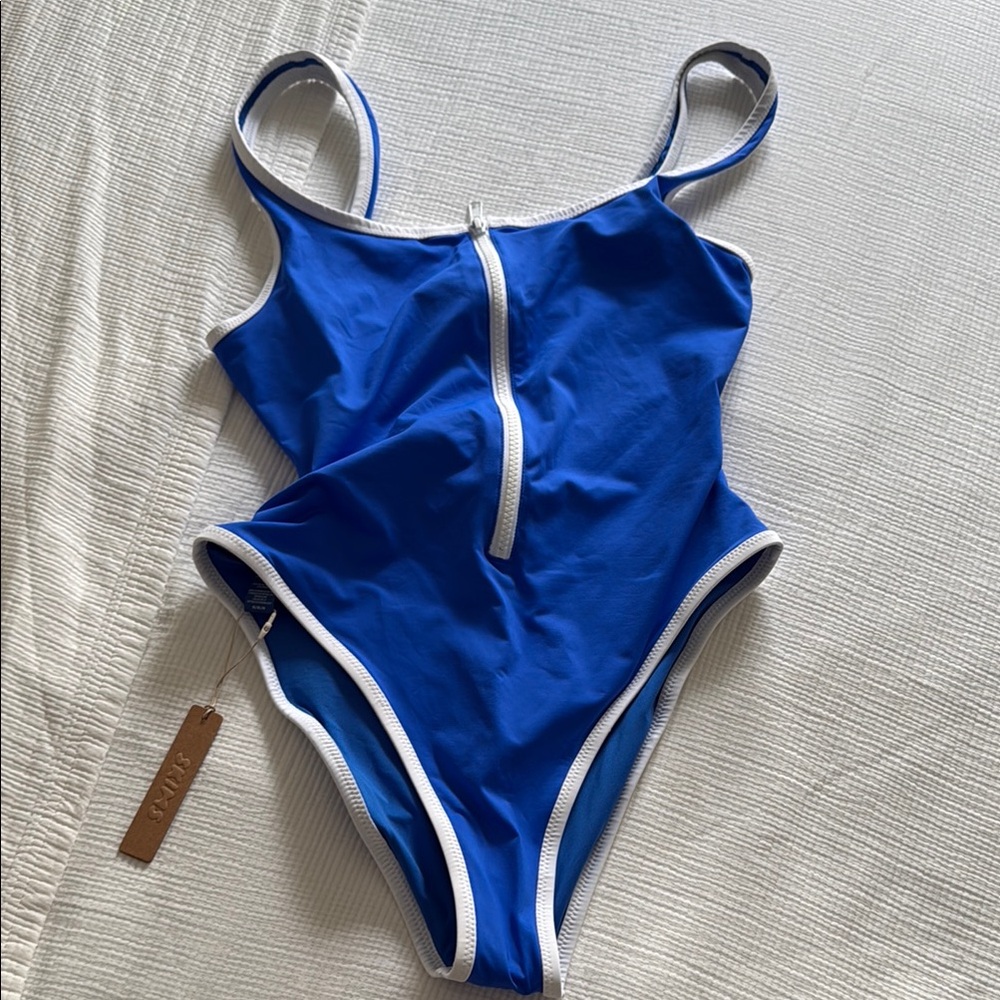 SKIMS Blue and White One Piece Swimsuit